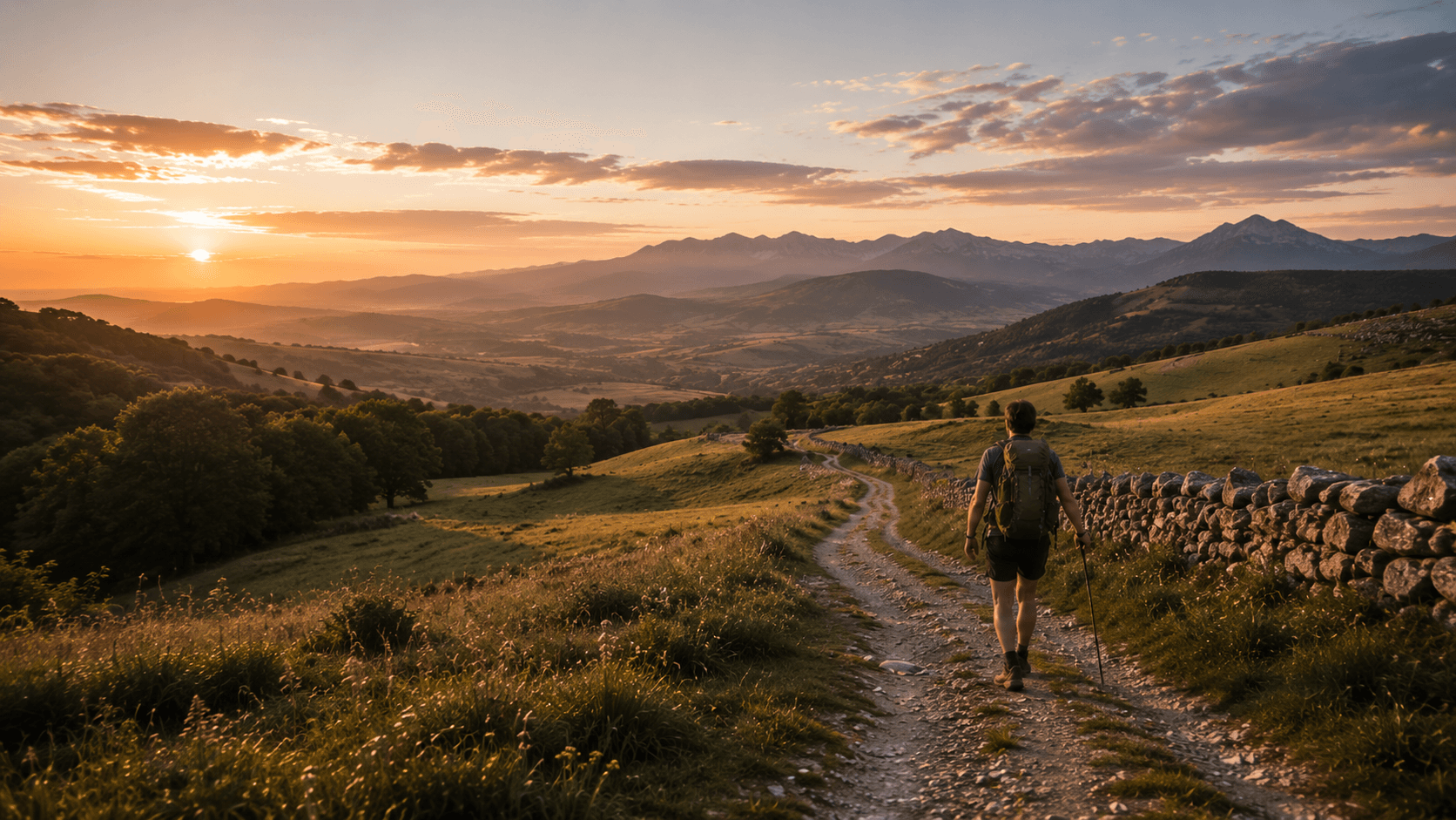 A pilgrim walking a mountain trail toward the sunset