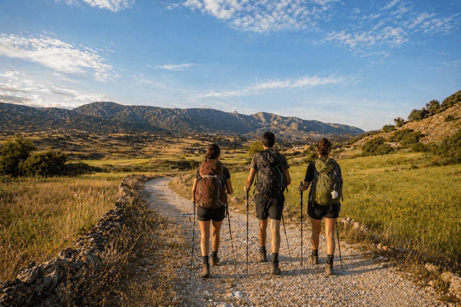 Three pilgrims walking a mountain trail together at golden hour